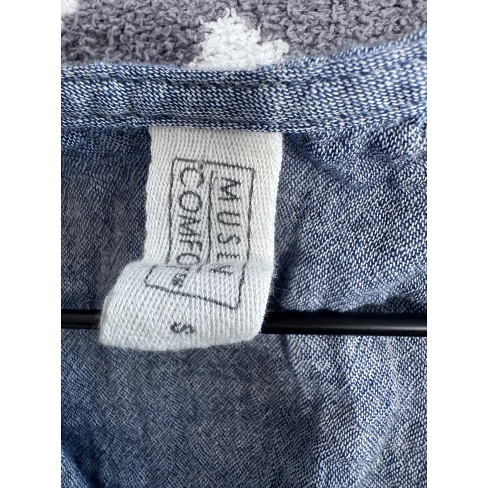 Muslin Comfort Blue‎ Chambray Tunic Dress V-Neck Kimono Sleeve Boho Women Small